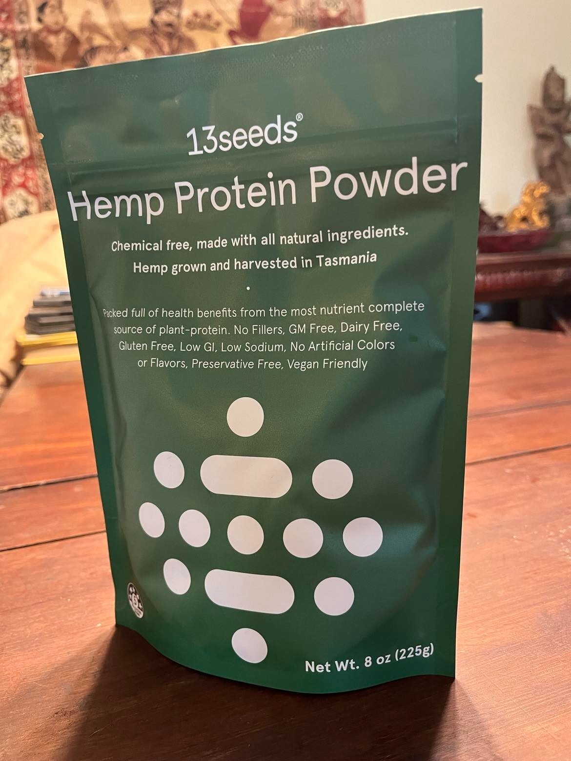 13 seeds Tasmanian hemp protein powder. Non GM, no chemicals, vegan. 7 servings