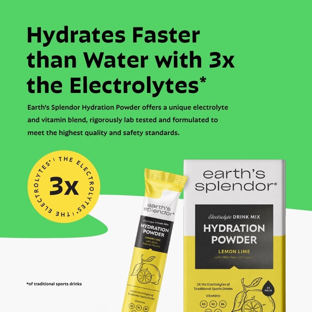 Earth’s Splendor Electrolyte Hydration Powder Drink MIx Lemon Lime 9 Packets New