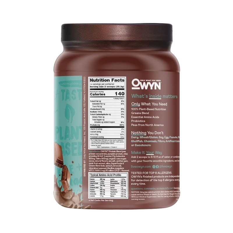 OWYN Dark Chocolate Protein Powder, 1.1lb – 20g Vegan Pea Protein