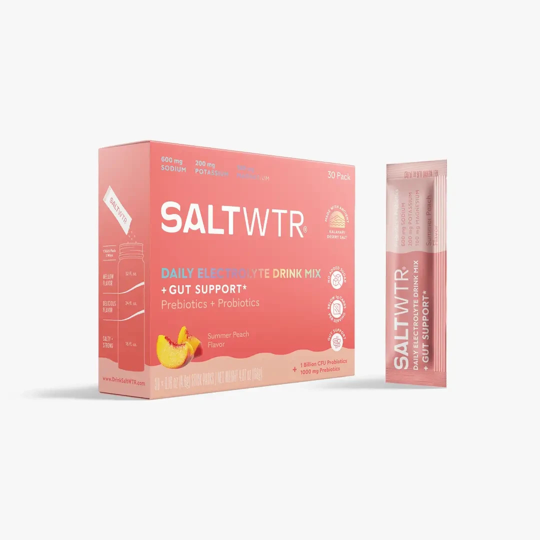 New SaltWTR Functional Daily Electrolyte Hydration Summer Peach Gut – 30 Pack