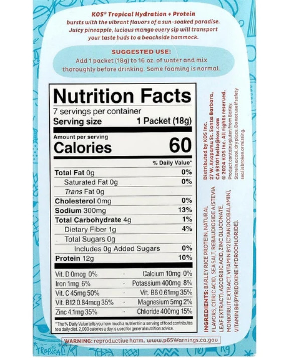Hydration + Protein Refreshing Drink Mix Tropical 7 Packets 0.65 oz (18 g)