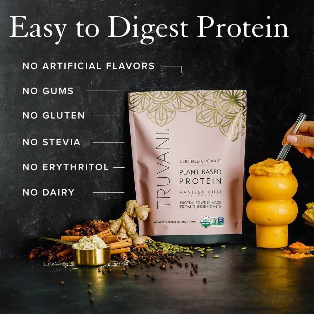 Truvani Organic Non-GMO Plant-Based Protein Powder, Vanilla Chai, 20 Servings