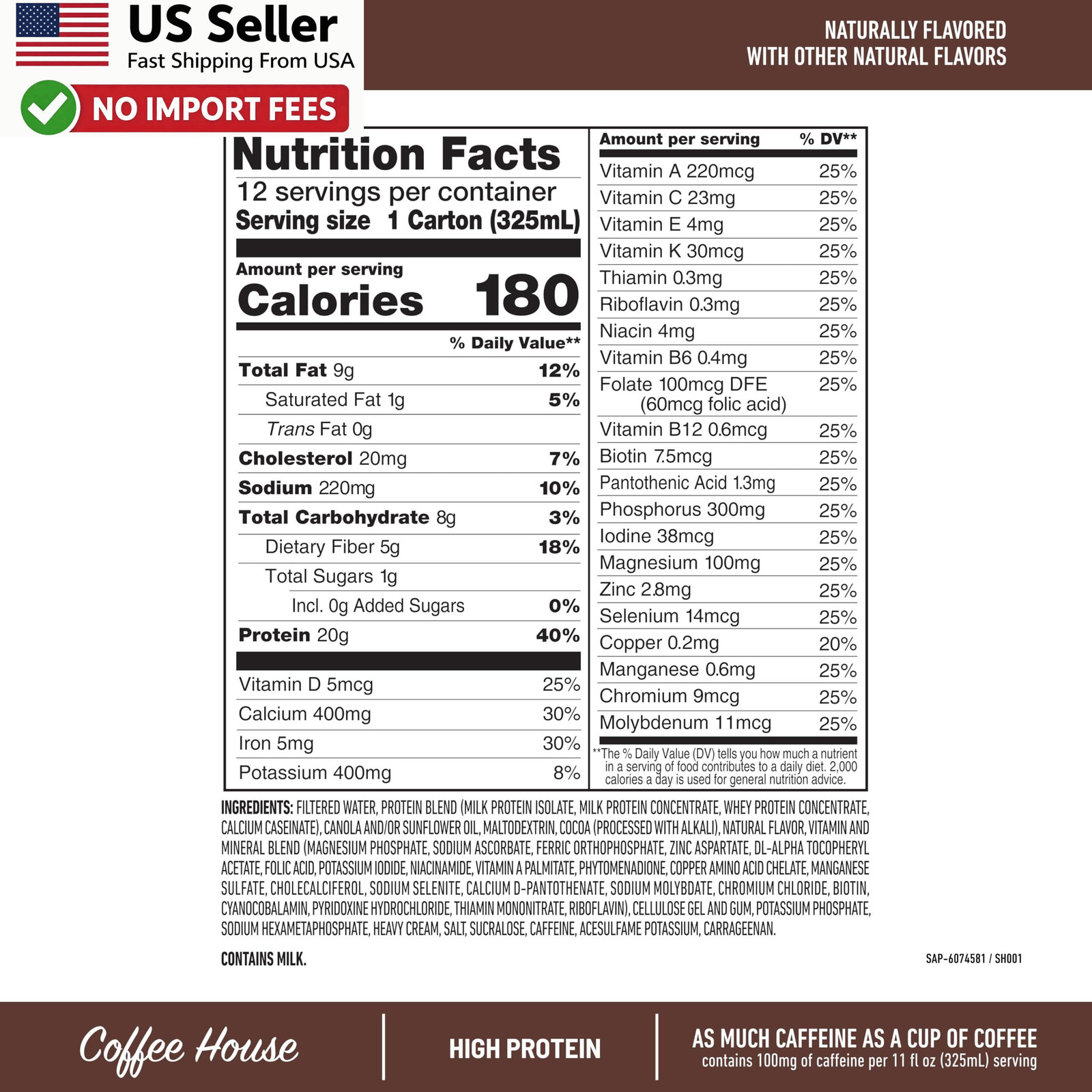 SlimFast Protein Shake Milk Chocolate 20g Protein Meal Replacement Drink FROM US