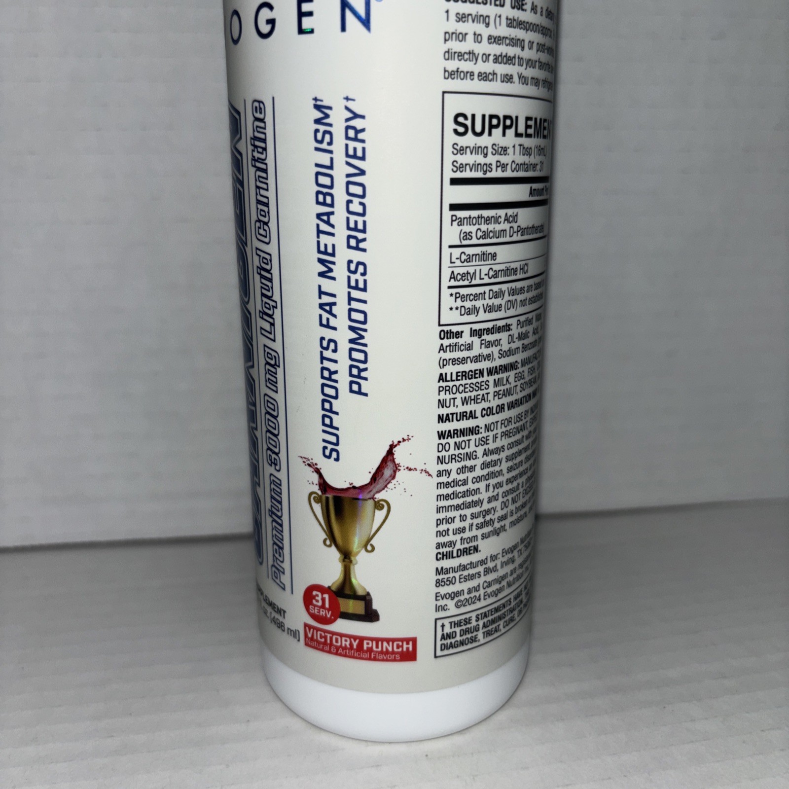 EVOGEN Carnigen Premium 3000mg Liquid Carnitine (16.7 fl. oz) 31 Servings-NEW