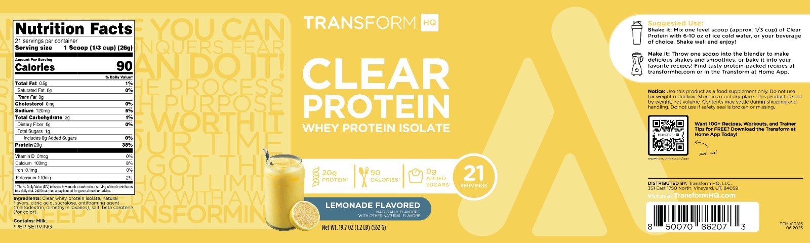 TransformHQ Clear Whey Protein Isolate (WPI) (Lemonade Flavored)
