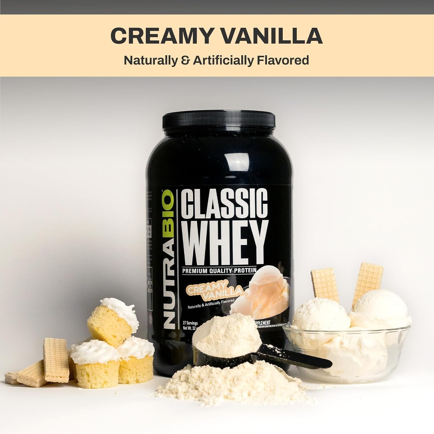 NutraBio Classic Whey Protein Powder Creamy Vanilla 2lb 25G Protein Per Scoop