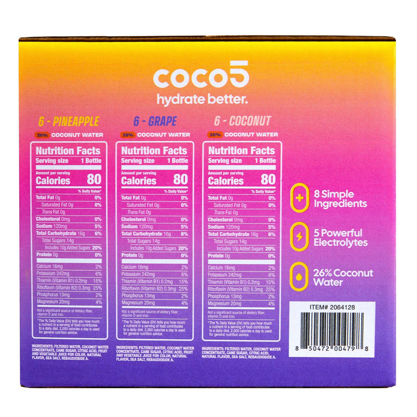 Coco5 Natural Coconut Water Hydration Drink, Variety, 16.9 oz Bottles, 18-Pack
