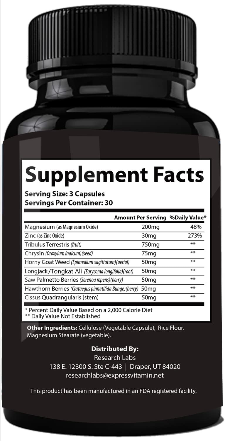 Natural Testosterone Booster 180ct – Made in USA, Gluten Free for Optimal Health