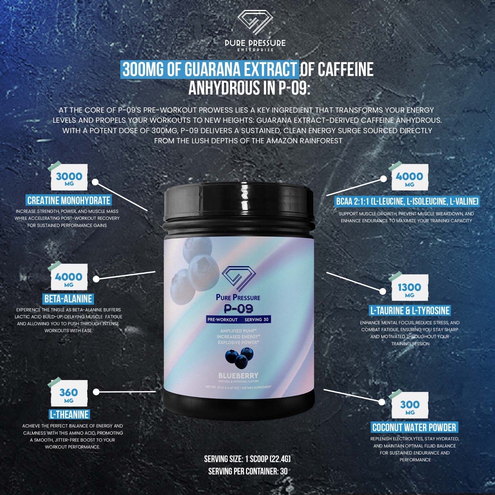 Pure Pressure P-09 Pre Workout Powder Creatine Beta-Alanine Guarana