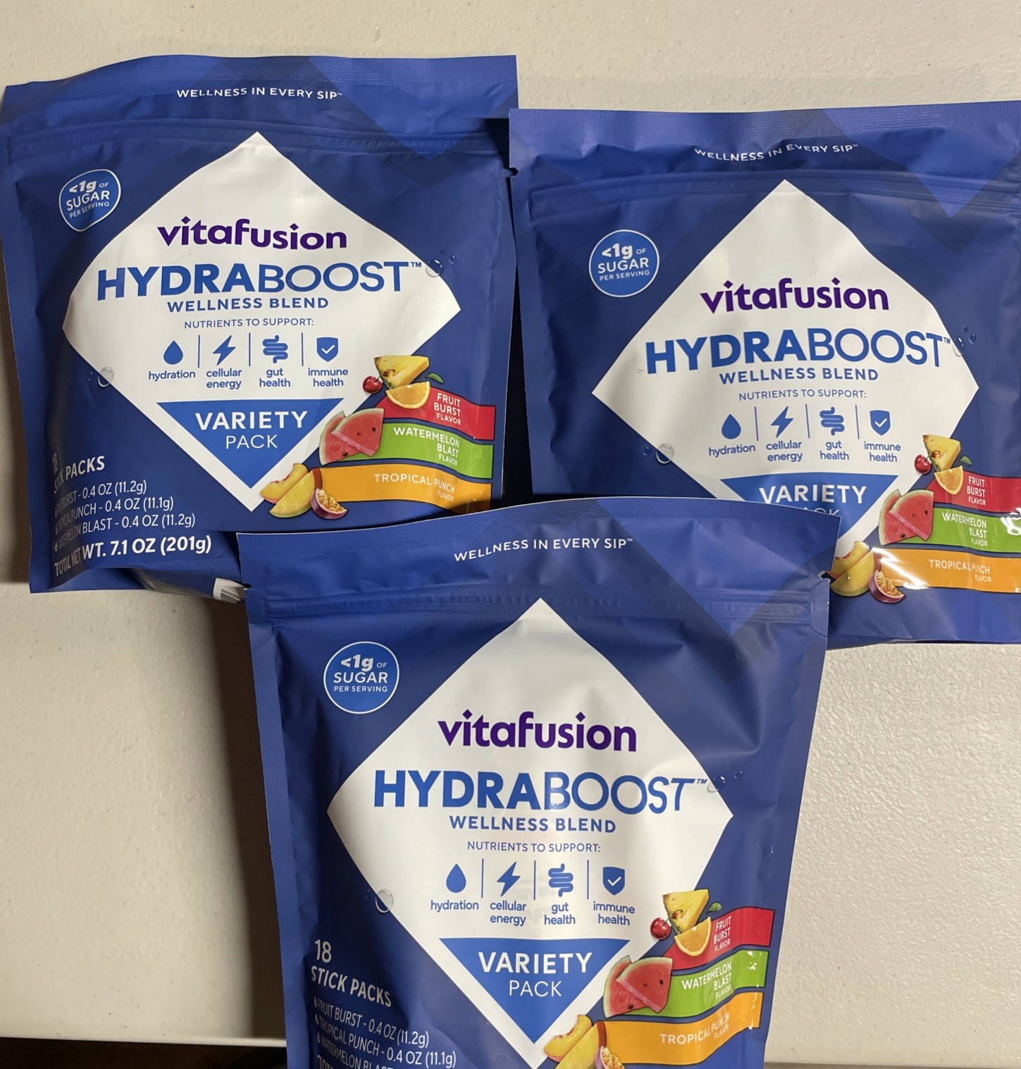Vitafusion HydraBoost Wellness Blend Drink Mix Variety Pack 18 Sticks X3 Bags
