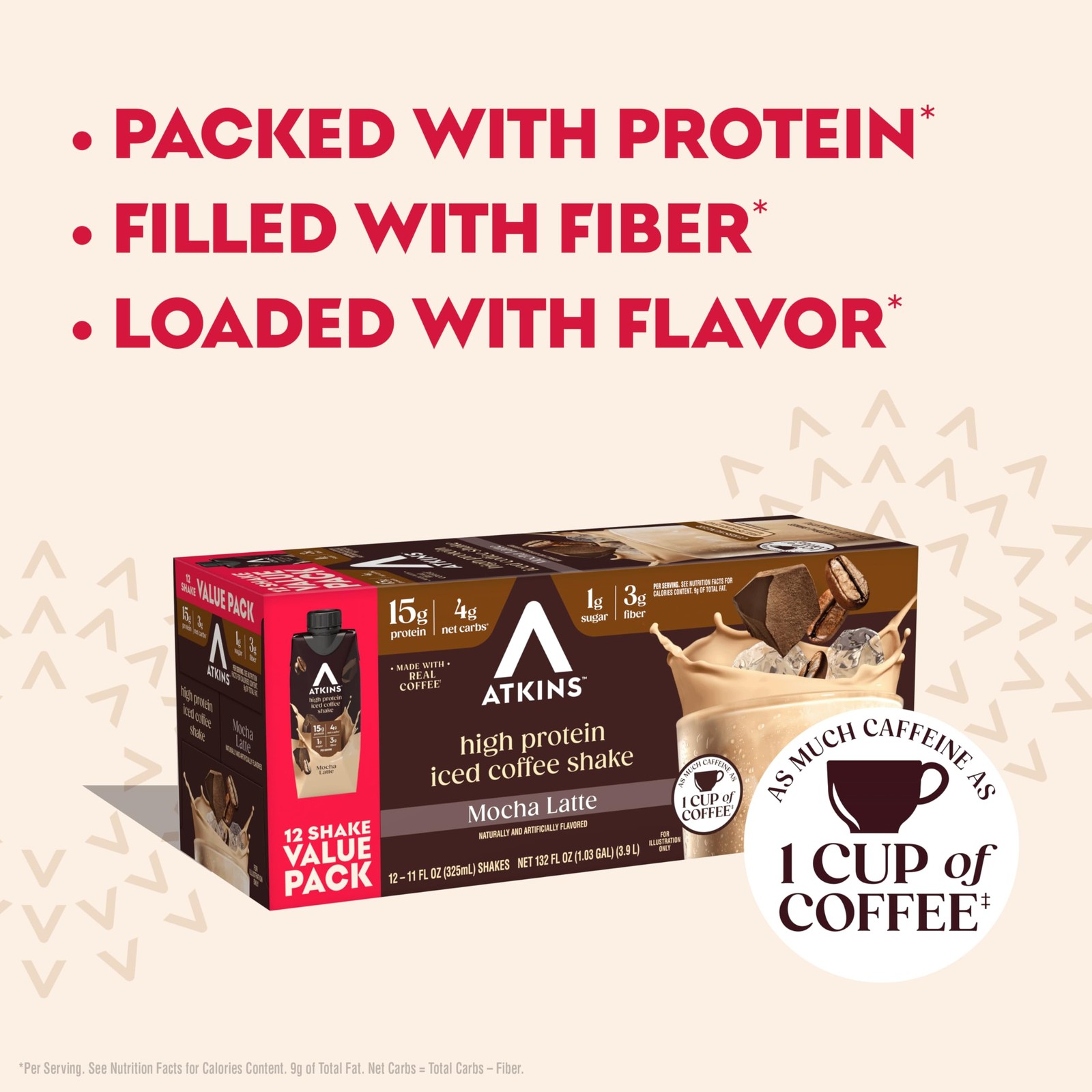 Atkins Mocha Latte Iced Coffee Flavored High Protein 11 Fl Oz (Pack of 12)