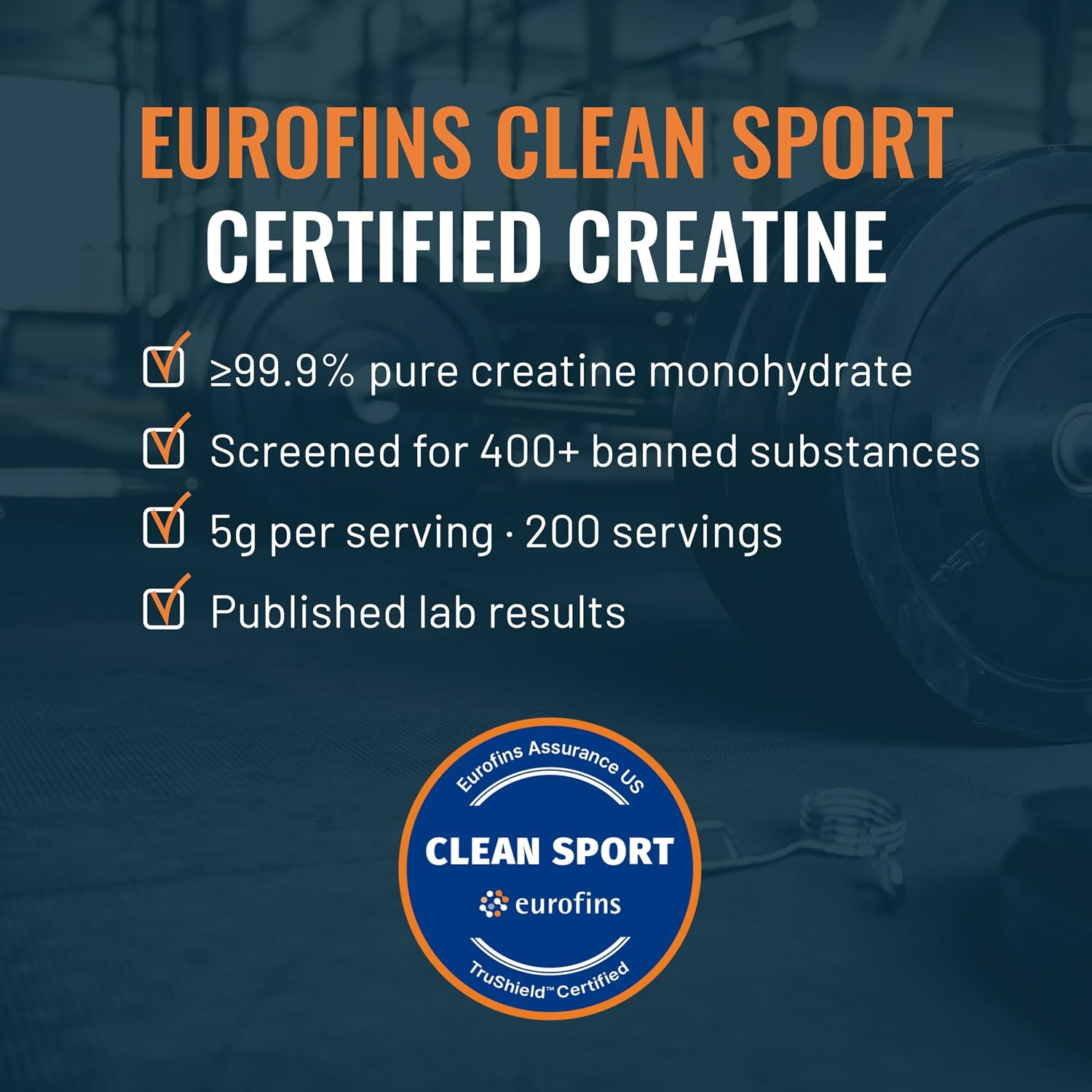 Eurofins Clean Sport Certified Creatine Monohydrate Powder – 200 Servings, 1Kg,