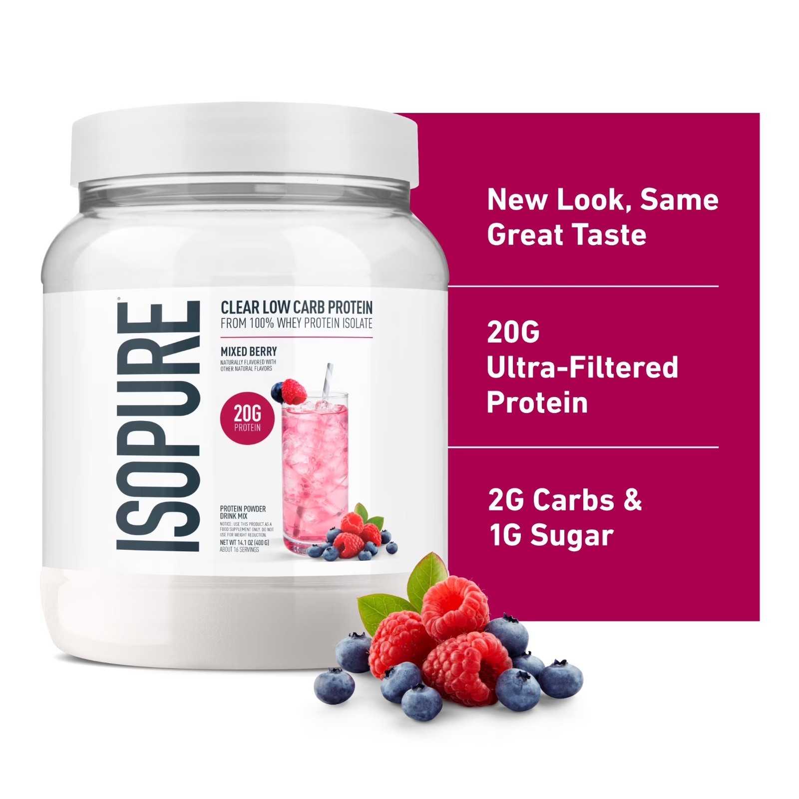 Isopure Clear Low Carb 100% Whey Protein Isolate Powder, Mixed Berry, 20g Protei