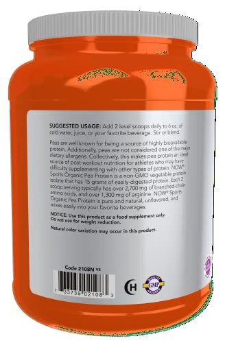NOW Sports Organic Pea Protein Powder Unflavored 15g Protein 1.5lb Non-GMO