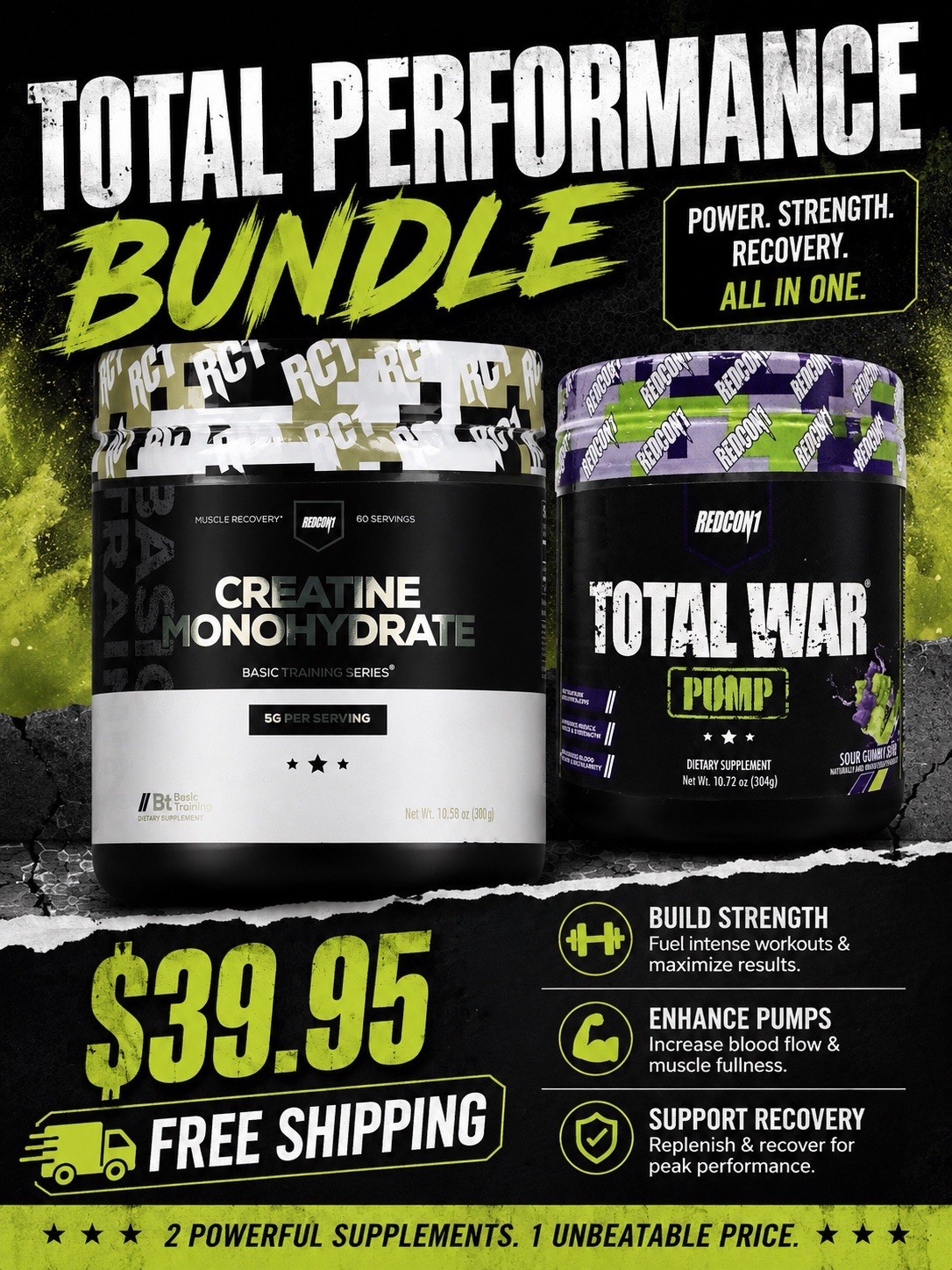 Redcon1 Pre Workout Bundle – Total War ( Sour Gummy Bear) & Creatinine