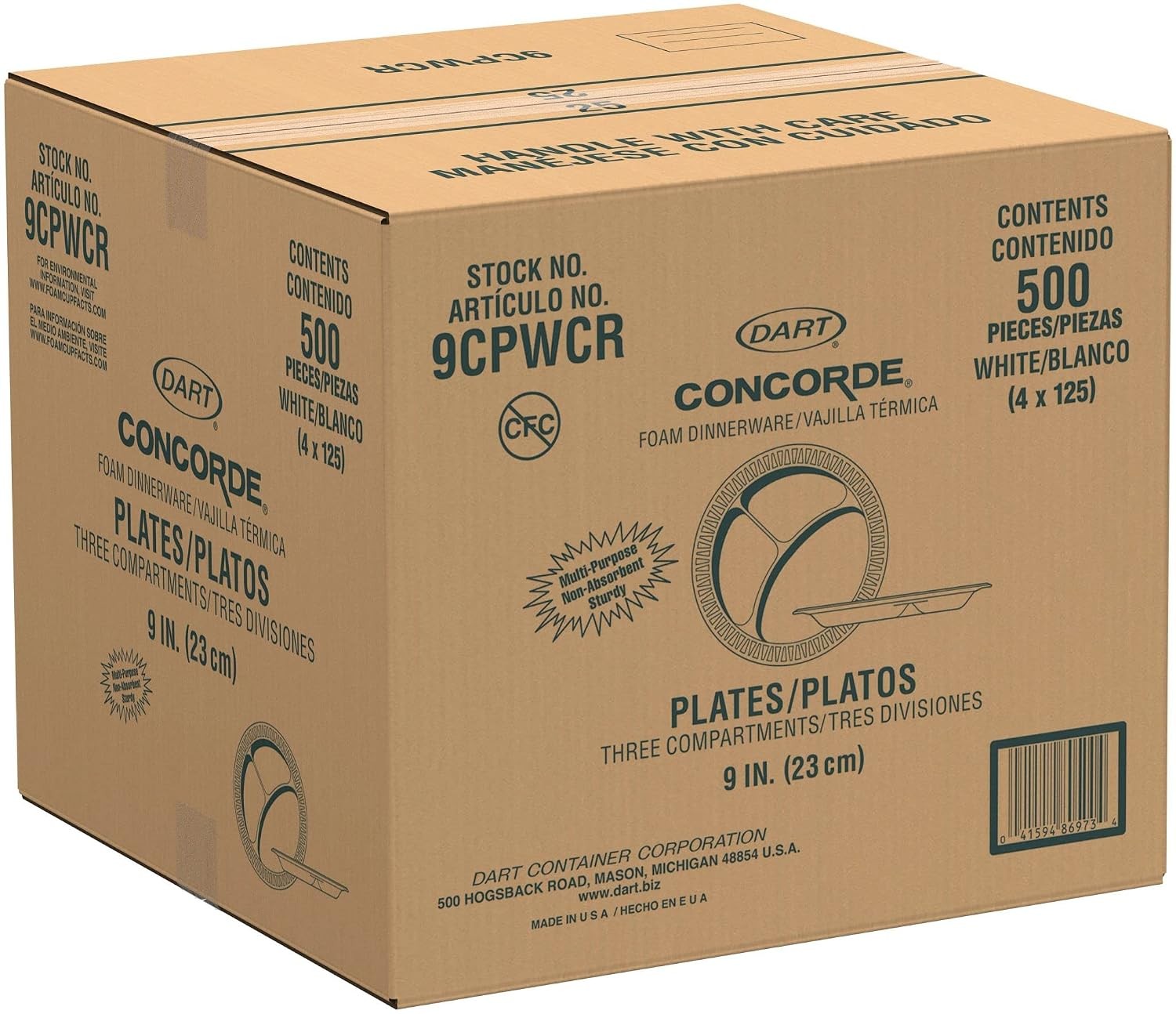 9CPWCR 9 in White Unlaminated Foam 3 Comp Plate (Case of 500)
