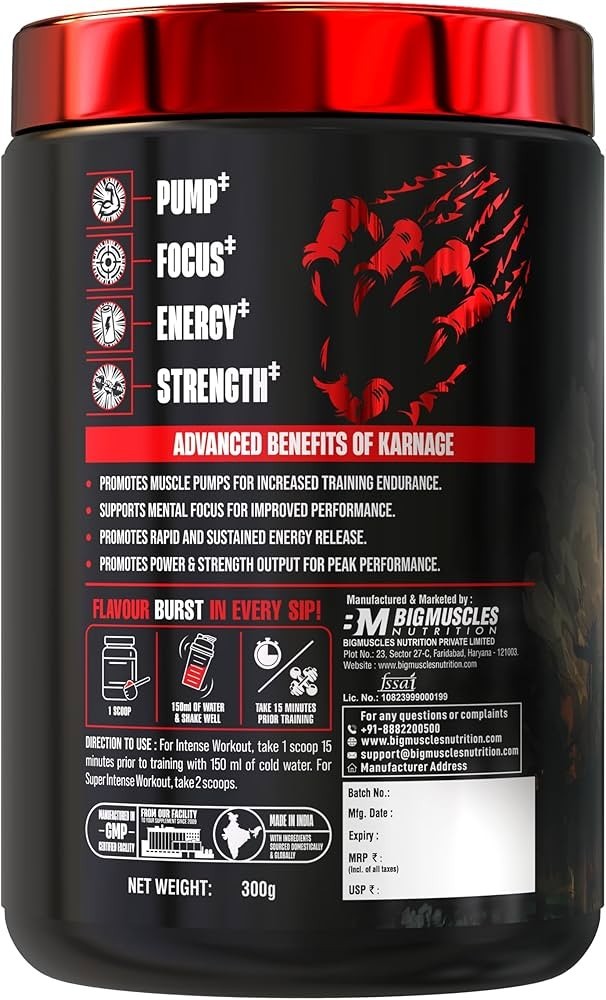 Bigmuscles Karnage Pre Workout Energy Focus Strength Pump Gym Supplement 60 Serv