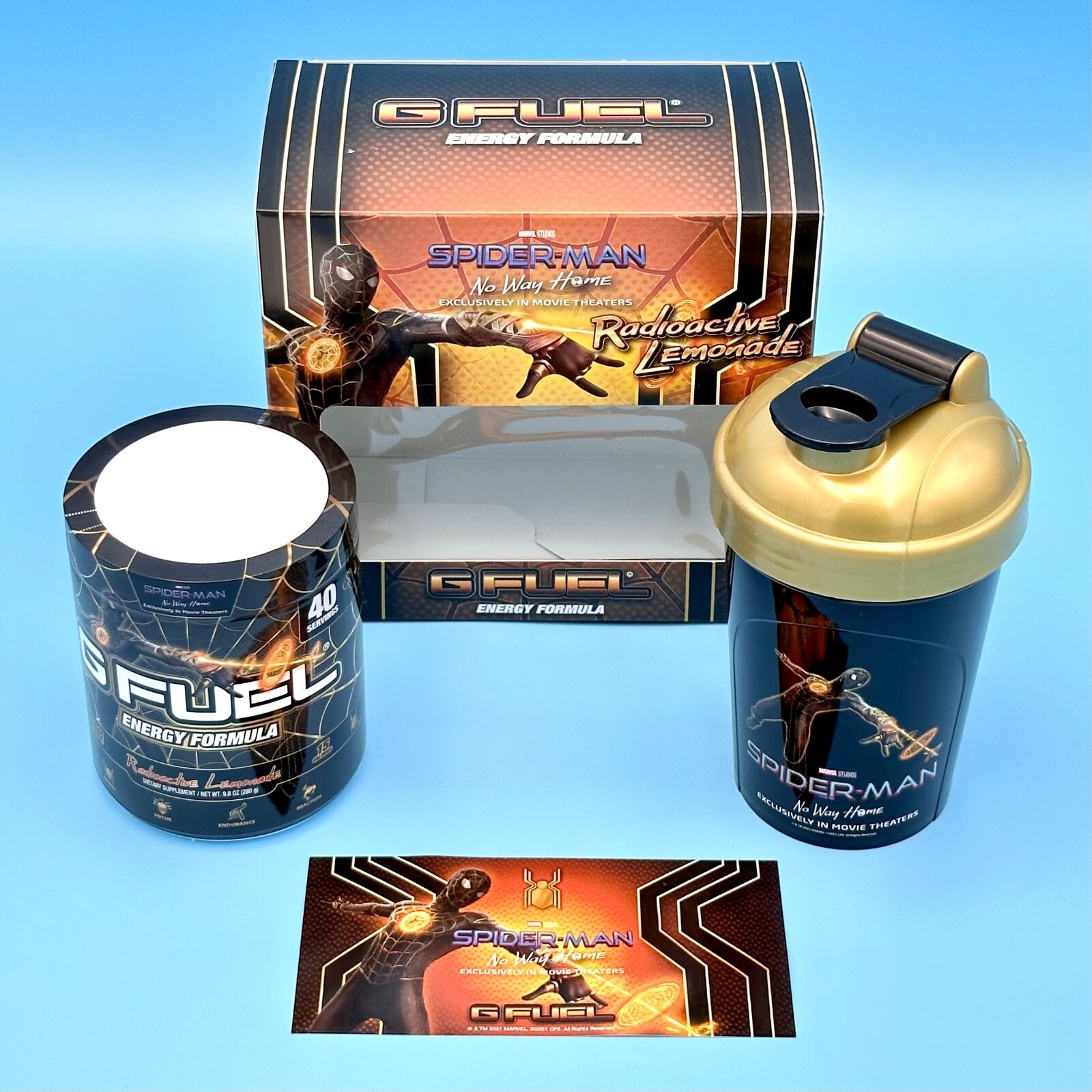 G Fuel Spider-Man No Way Home Black Gold Suit Collector’s Box Shaker Cup Sticker