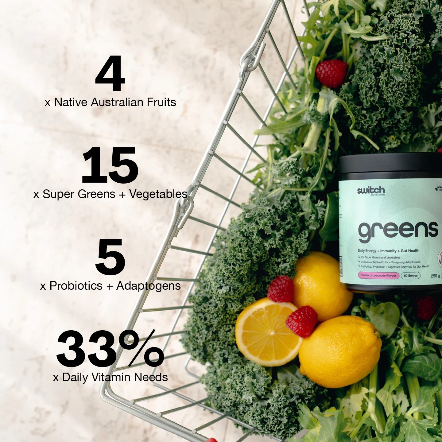 Switch Nutrition Greens Raspberry Lemonade 250g Daily Energy Immunity Gut Health