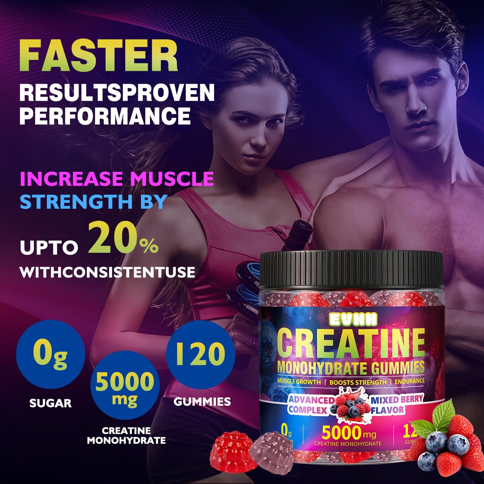 Creatine Monohydrate Gummies 5000mg, Mixed Berry, 120 Count