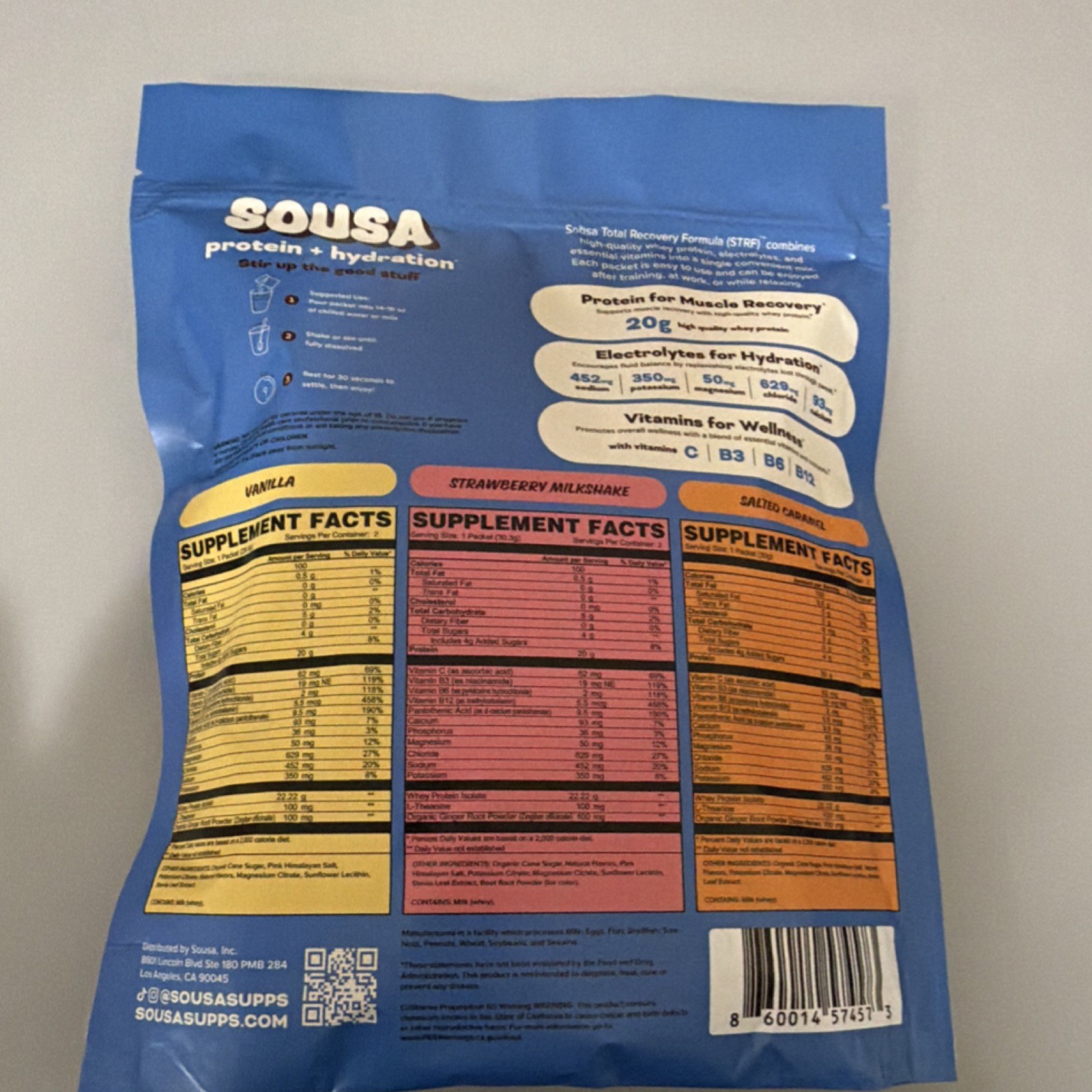 Sousa Protein + Hydration Recovery Drink Mix 6 Packets, 20g Protein, 3 Flavors