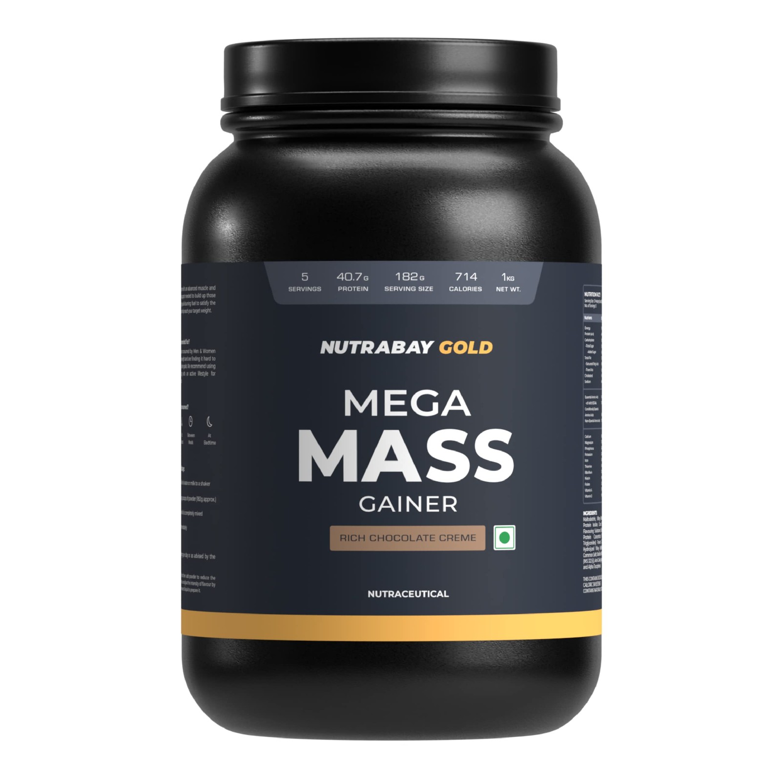 Nutrabay Gold Mega Mass Gainer 1kg |40.7g Protein, 122g Carbs, 714 Calorie, Choc