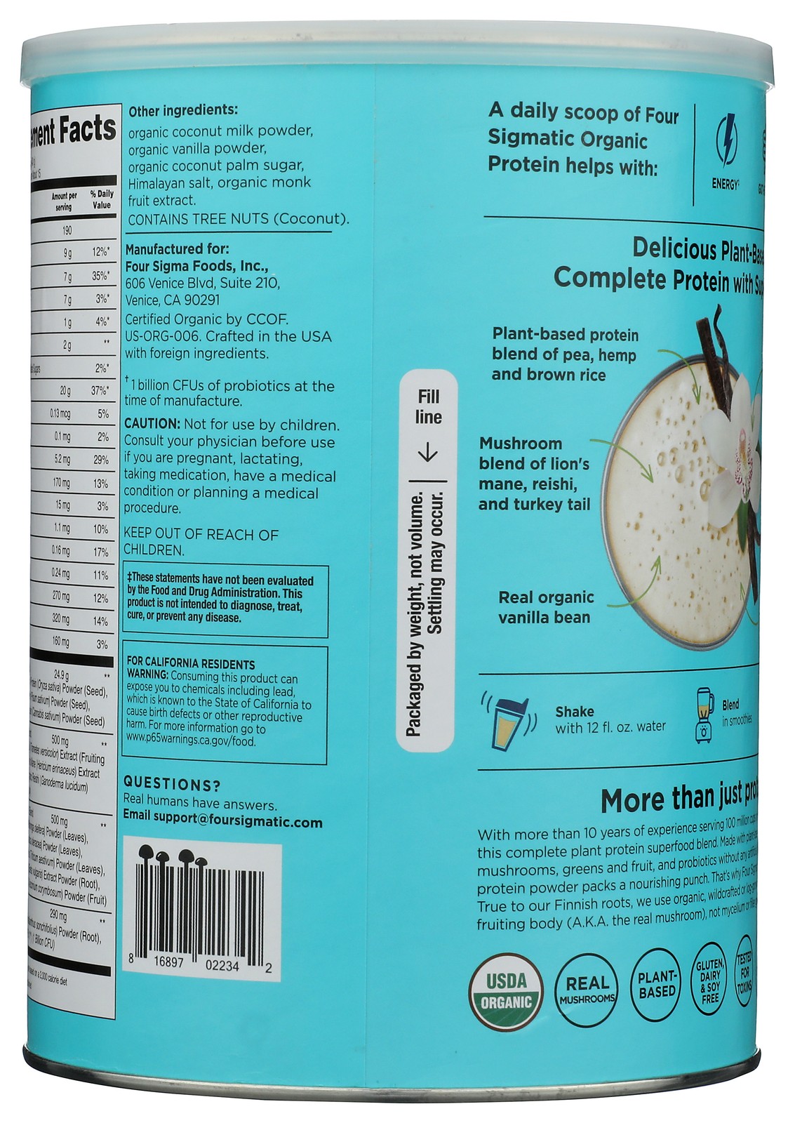 Four Sigmatic Vanilla Organic Protein Powder Plant-Based Dietary 21.16 Oz 1 Pack