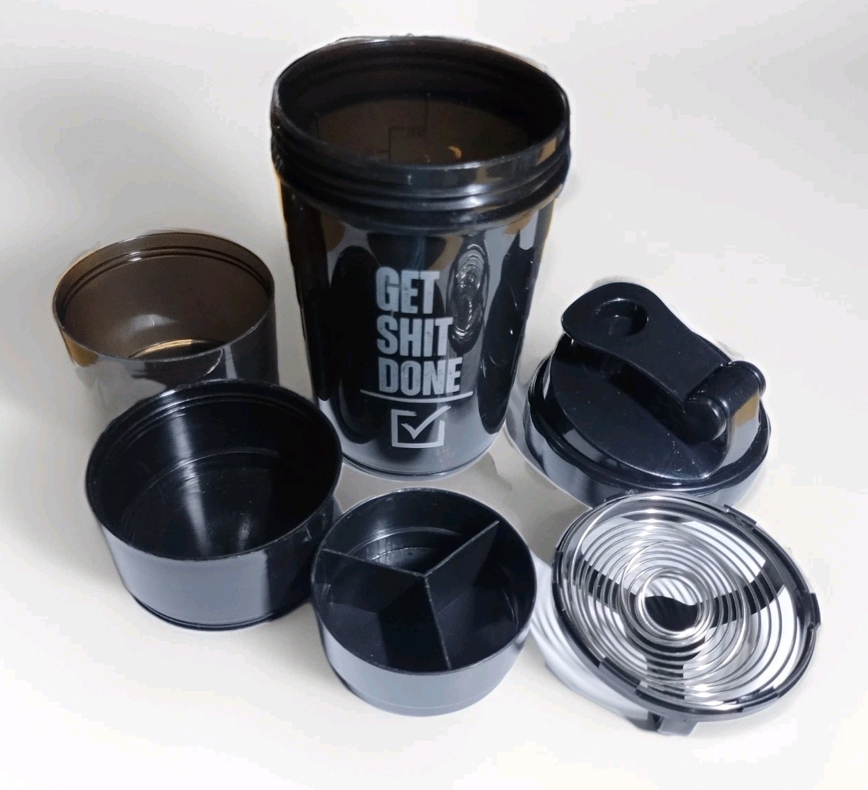 Black Protein Shaker Bottle with Storage Flip Lid 28 oz “Get Stuff Done” New