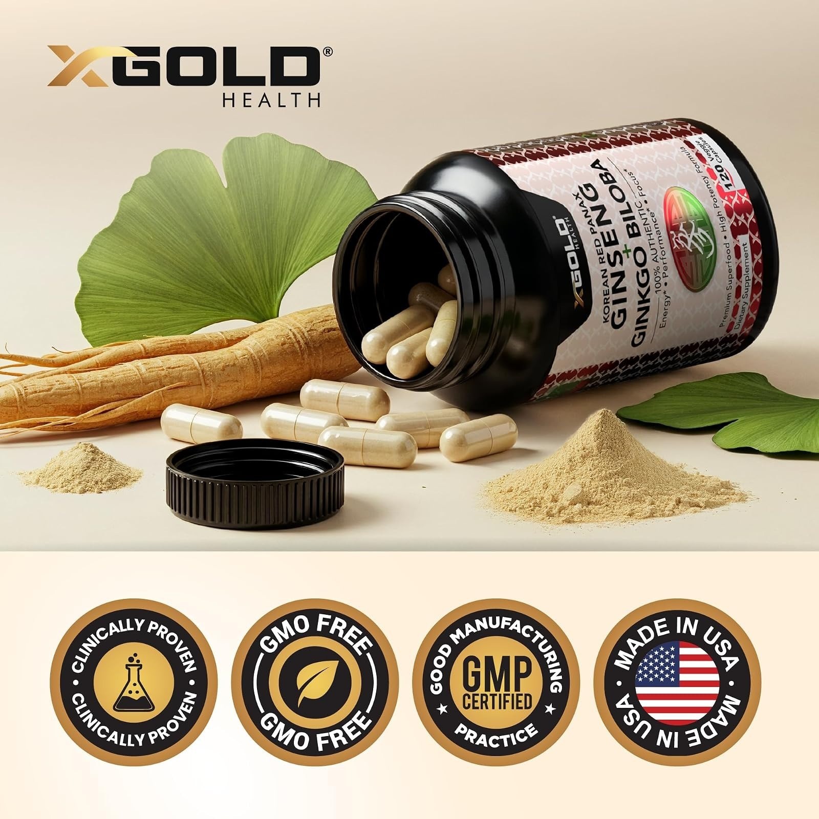 X Gold Health Korean Red Panax Ginseng 1200mg + Ginkgo Biloba 120 Capsules