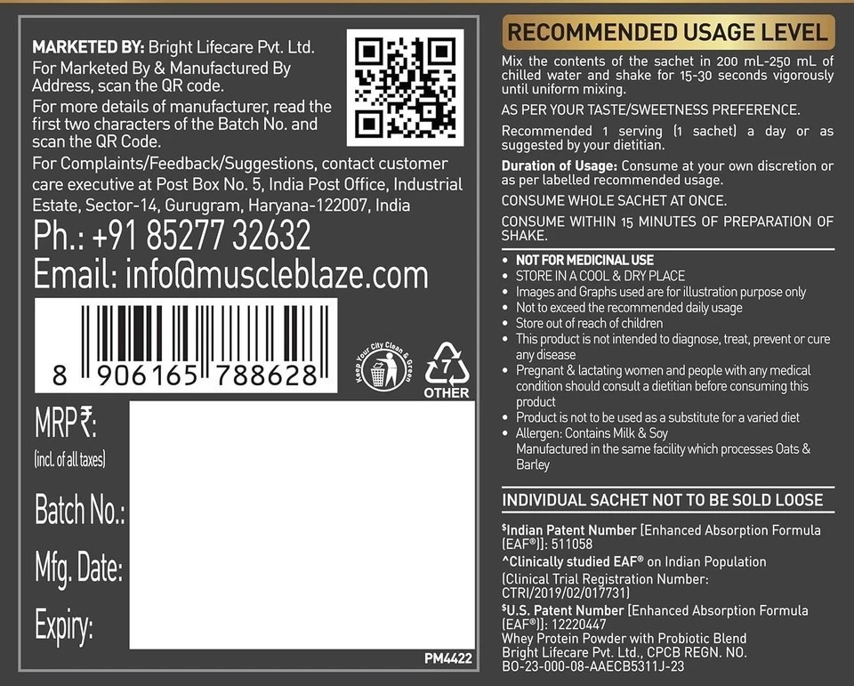 MuscleBlaze Biozyme Gold 100% Whey Protein Powder Sweetened Chocolate 5x35g q420