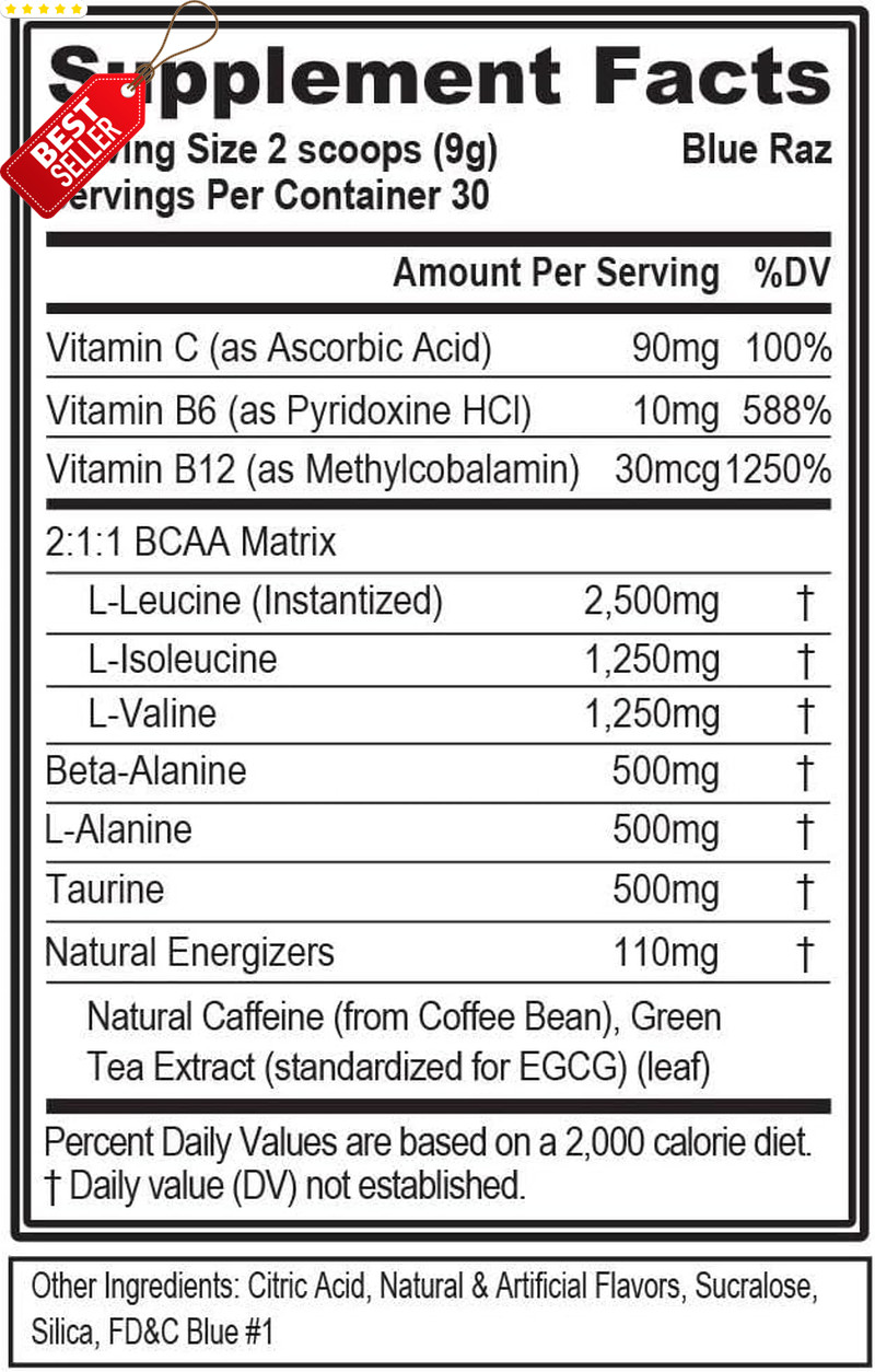 EVL BCAA Amino Acids Powder Energy Pre Workout Muscle Recovery Blue Raz US