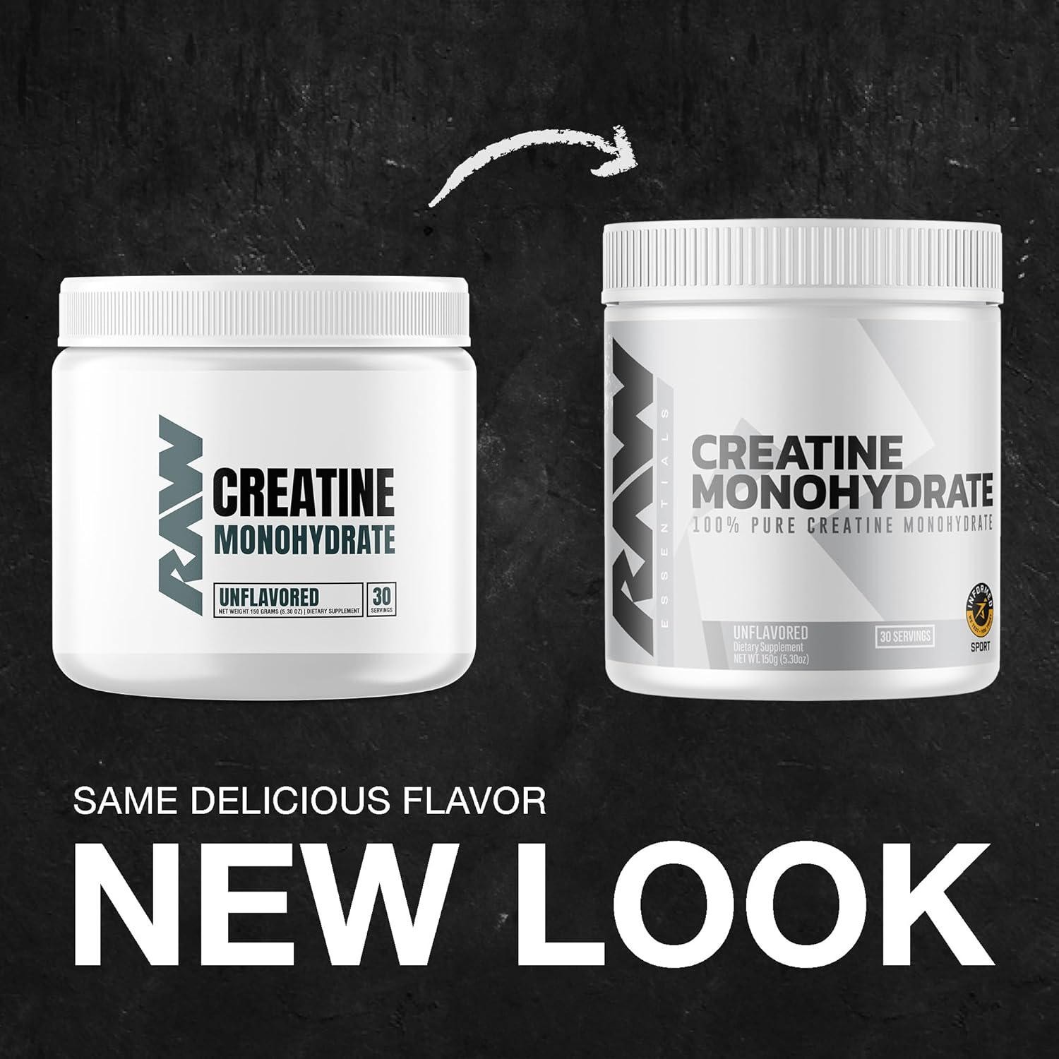 RAW Nutrition Creatine Monohydrate Powder, Unflavored (30 Servings) – Micronized
