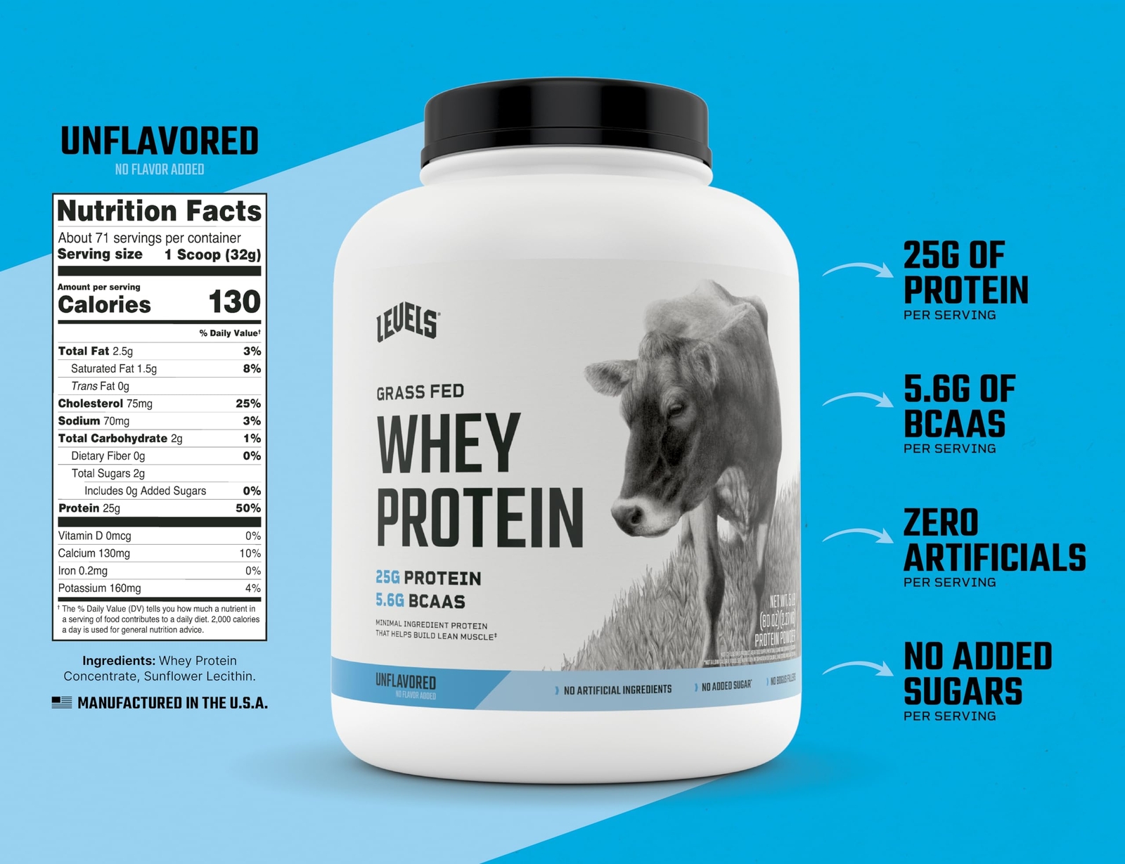 Levels Whey Protein Powder 71 Servings 25g Protein Unflavored Gluten Free
