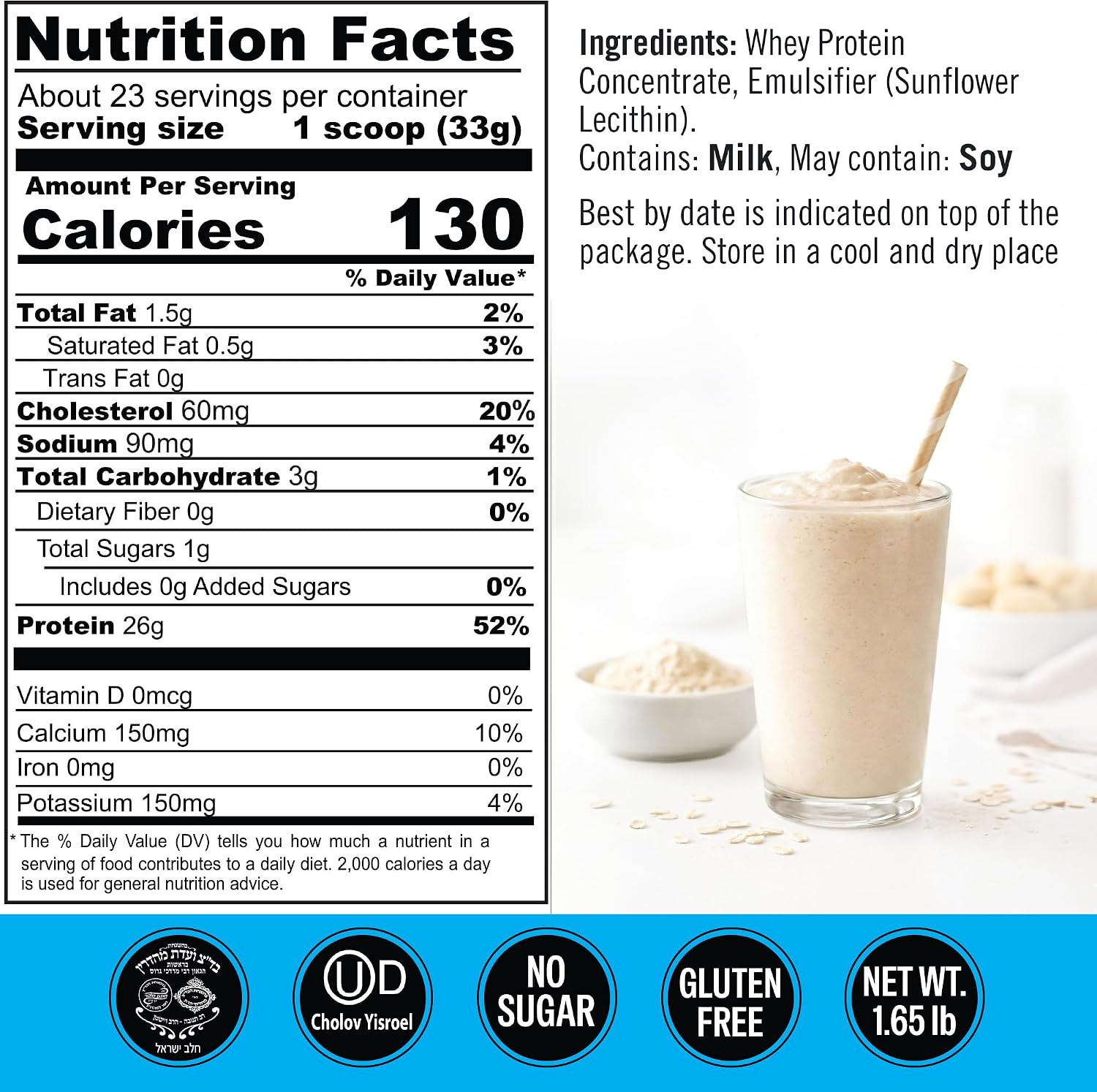 Unflavored Whey Protein Powder. 25g Protein Shake for Post Workout Recovery, Smo