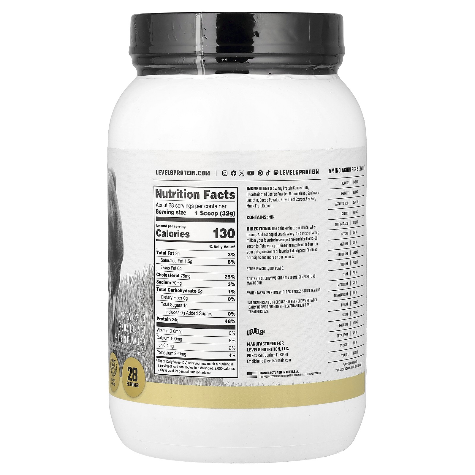 Grass Fed Whey Protein Powder, Cappuccino, 2 lb (907 g)