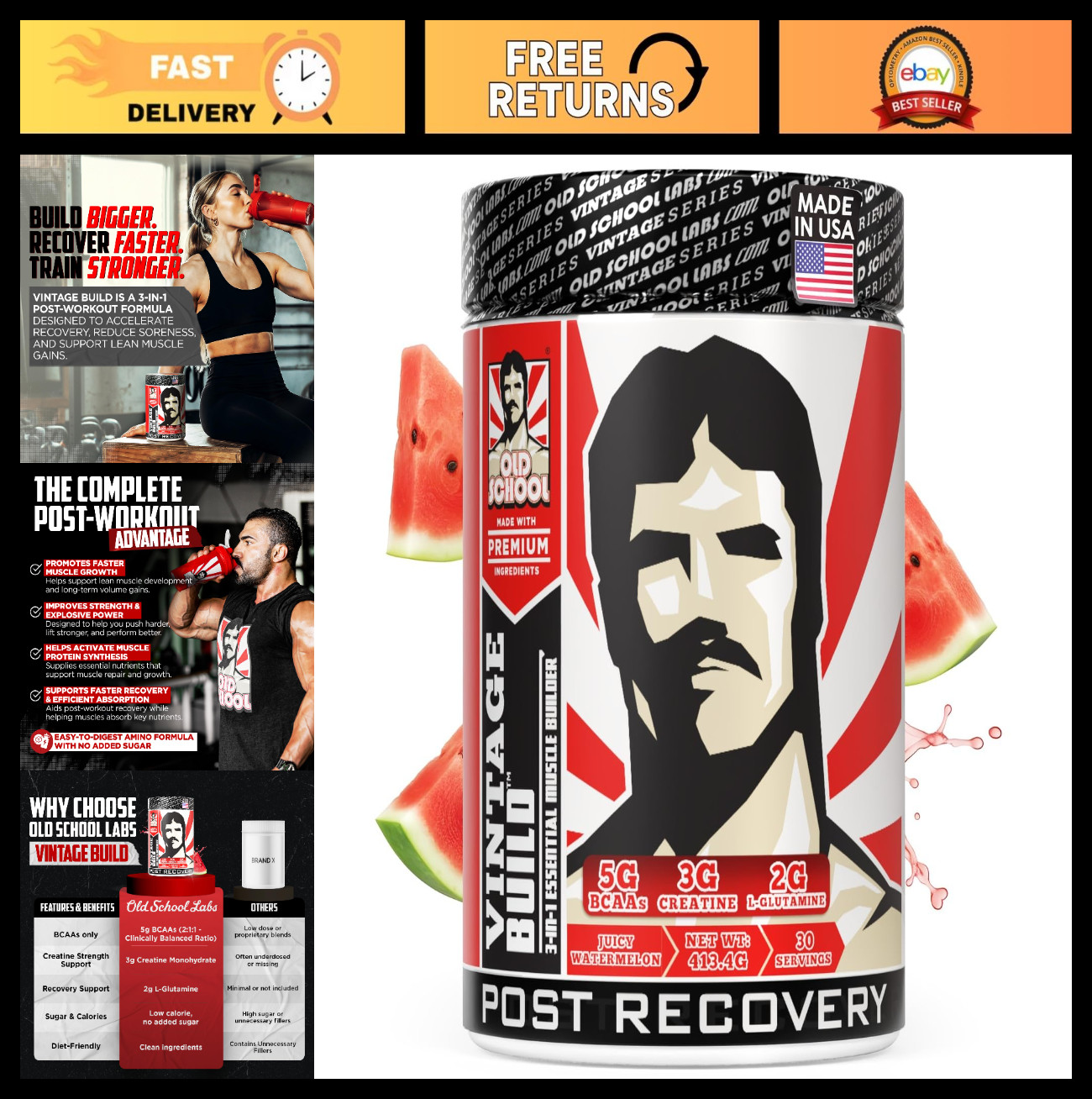 Vintage Build Post-Workout Recovery Powder – BCAAs, Creatine, L-Glutamine, Juicy