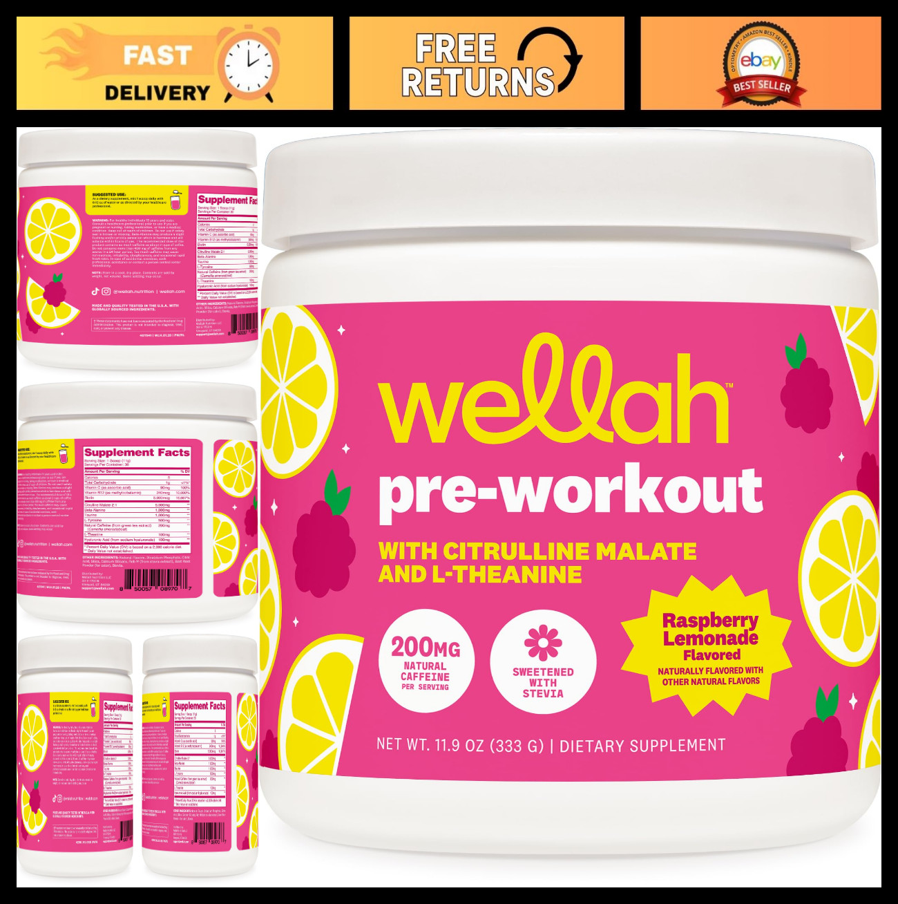 Pre-Workout Drink Mix – Raspberry Lemonade, 30 Servings, Citrulline, Caffeine &