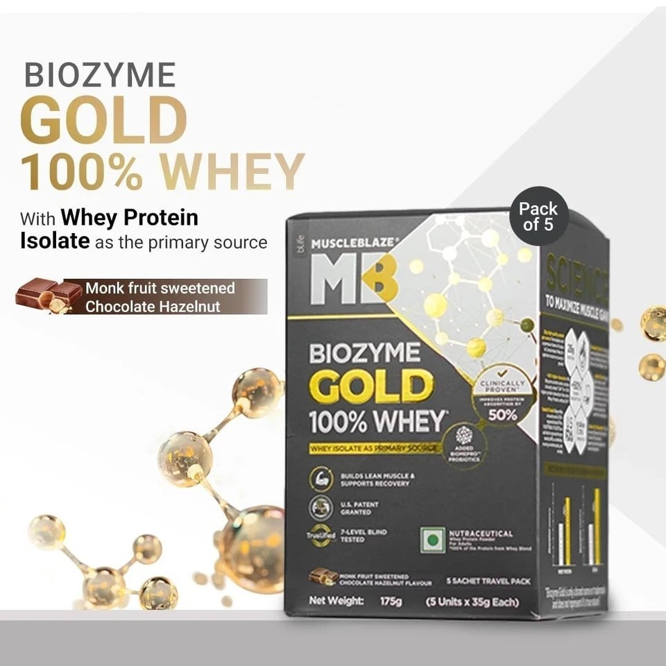 MuscleBlaze Biozyme Gold 100% Whey Protein Powder Sweetened Chocolate 5x35g q420