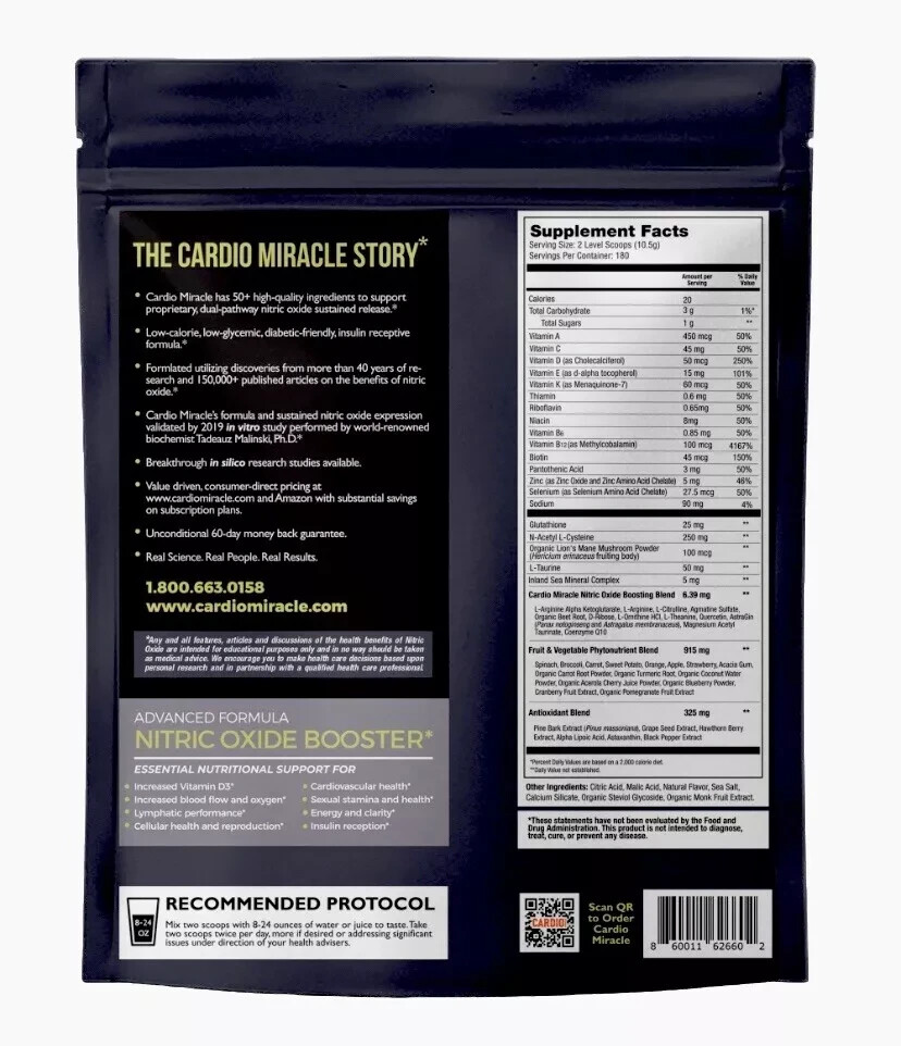 Mega Bag 180 SERVINGS Cardio Miracle Complete Nitric Oxide Solution Exp 1/2027