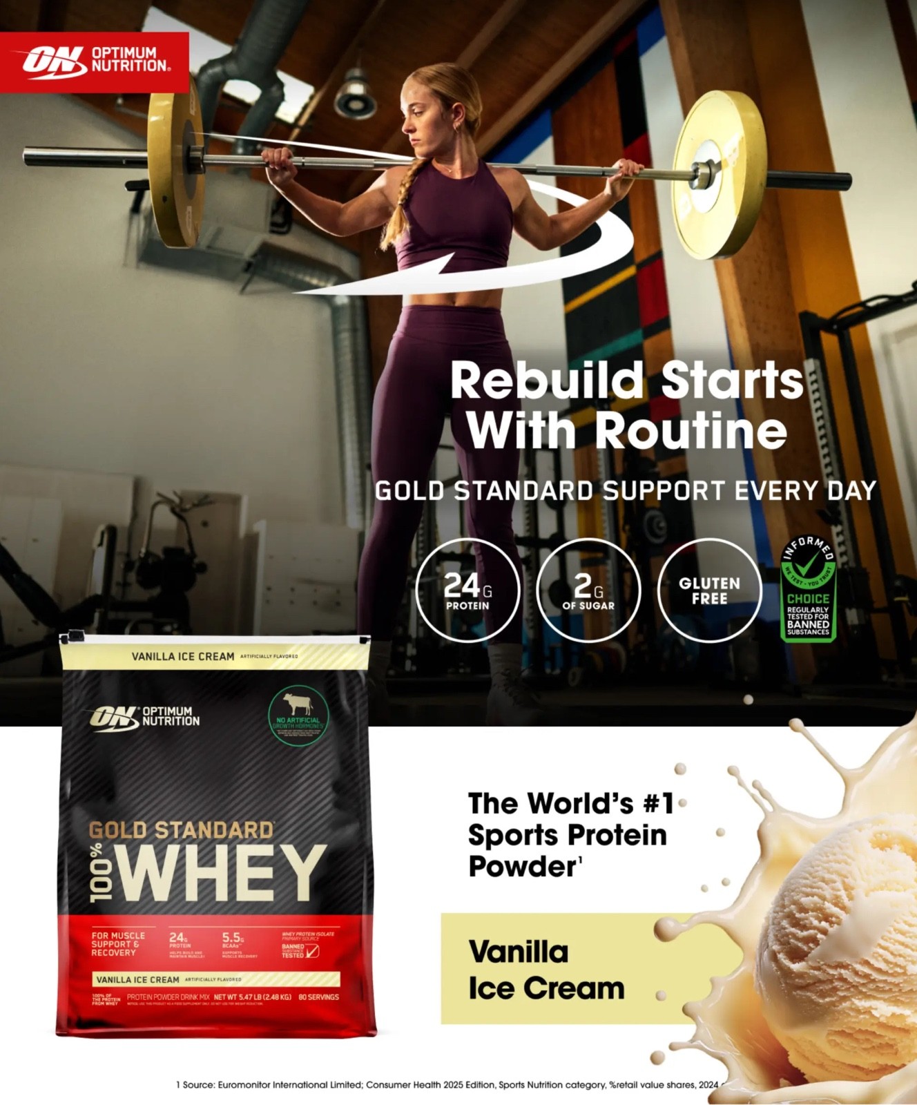 100% Whey Protein, Optimum Nutrition Gold Standard, 80 Servings, 24g Protein