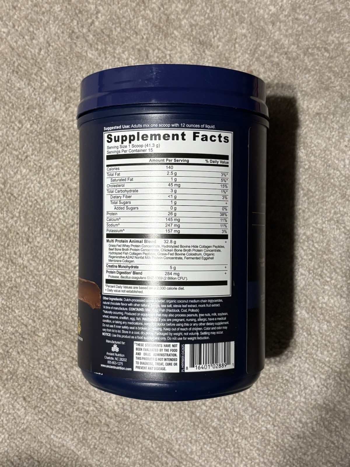 Ancient Nutrition Animal-Based Multi Protein + 5g Creatine Dark Chocolate 21oz