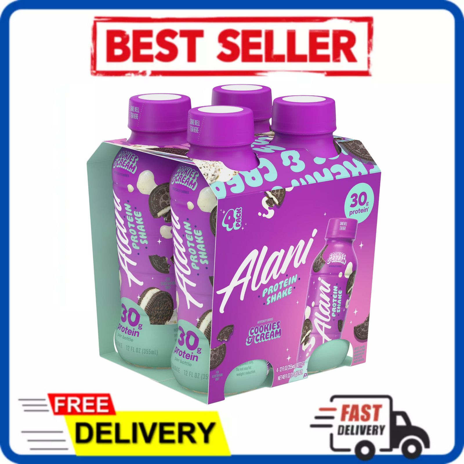 3 Pcs Alani Nu Protein Shake Cookies & Cream 12 oz Bottles 4 Pk | 12 Count Total