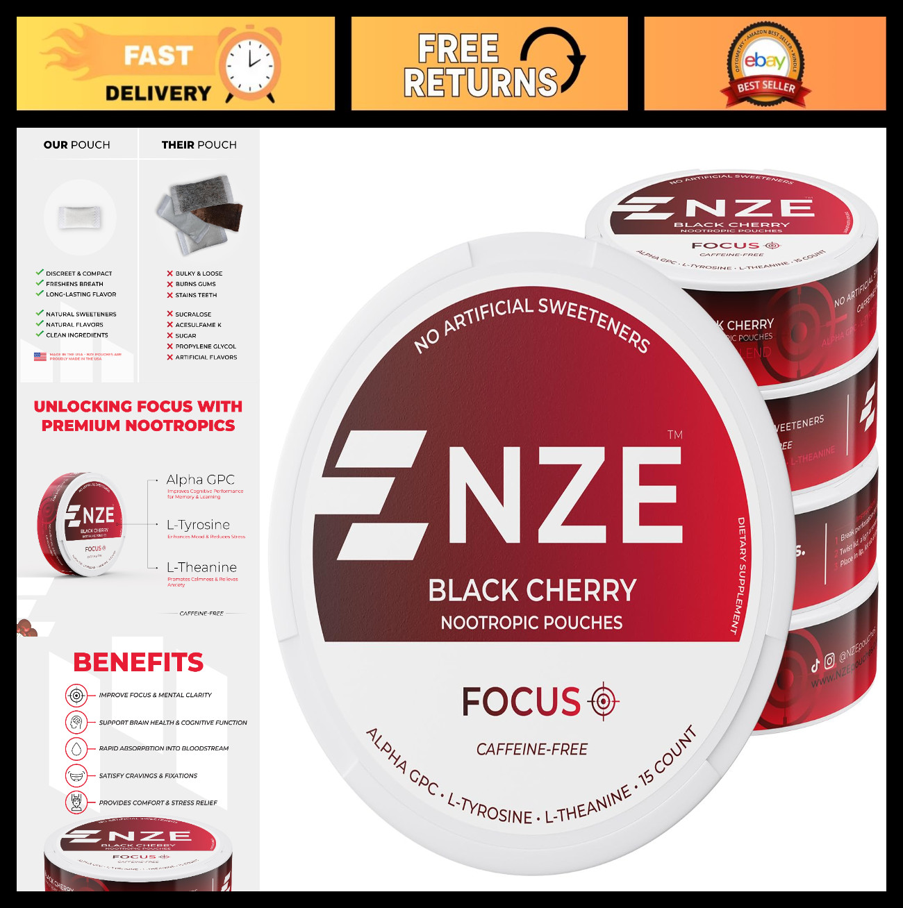 Caffeine-Free Nootropic Pouches – Black Cherry Flavor, Alpha GPC, L-Tyrosine, L-