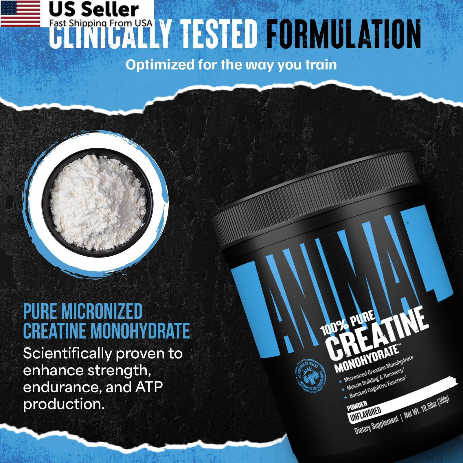Animal Creatine Monohydrate Powder Micronized Muscle Recovery Unflavored 300g