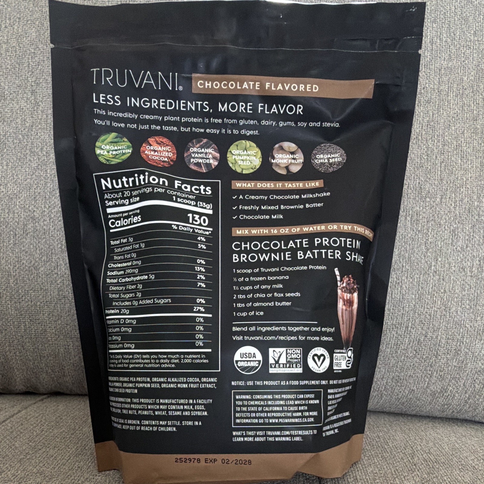 Truvani Certified Organic Vegan Plant-Based Protein Powder, Chocolate, 23.63 oz