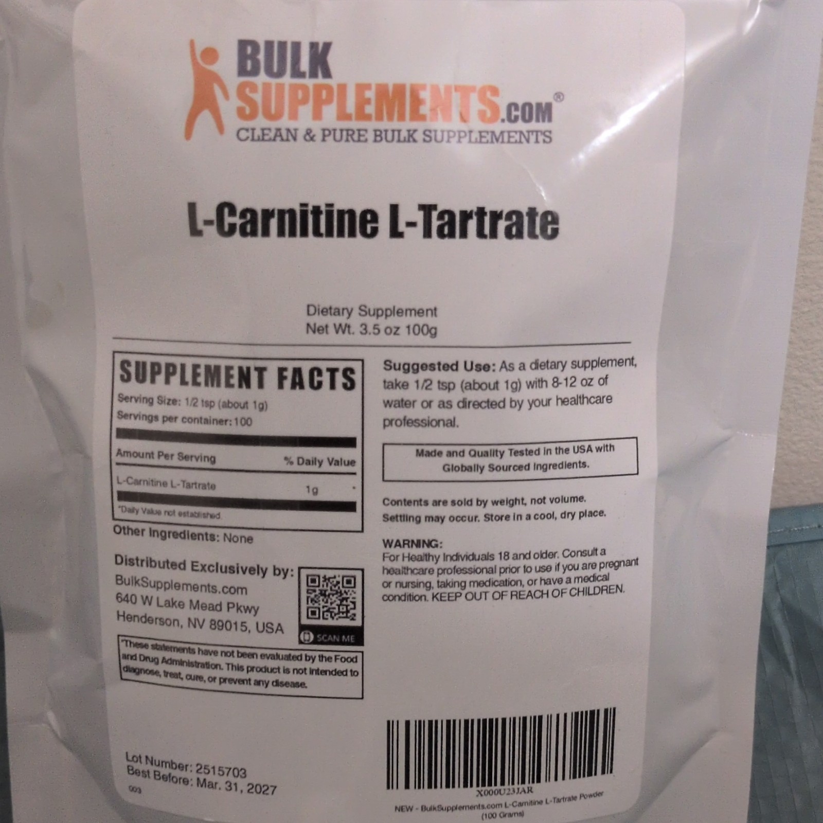 Bulk Supplements L-Carnitine L-Tartrate Powder 3.5 oz Fitness Amino Acid