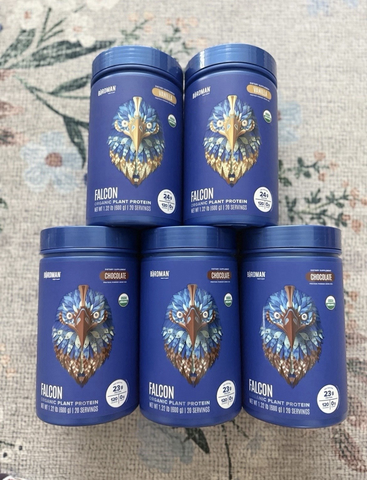Lot Of 5 Birdman Falcon Organic Plant Protein Powder Chocolate & Vanilla 1.32 lb