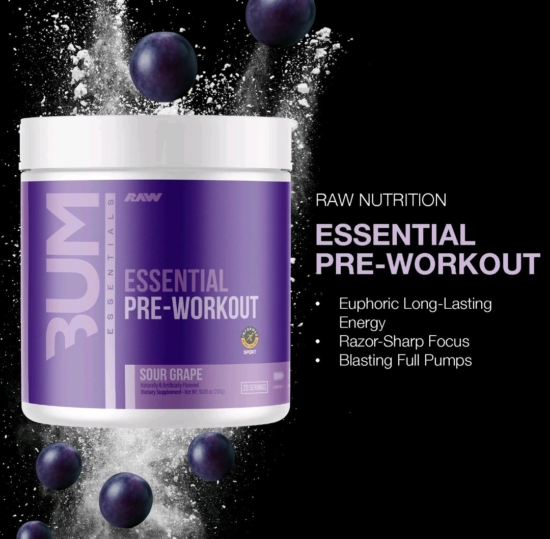 BUM ESSENTIALS RAW Pre Workout Sour Grape Energy Focus Endurance 20 Serving