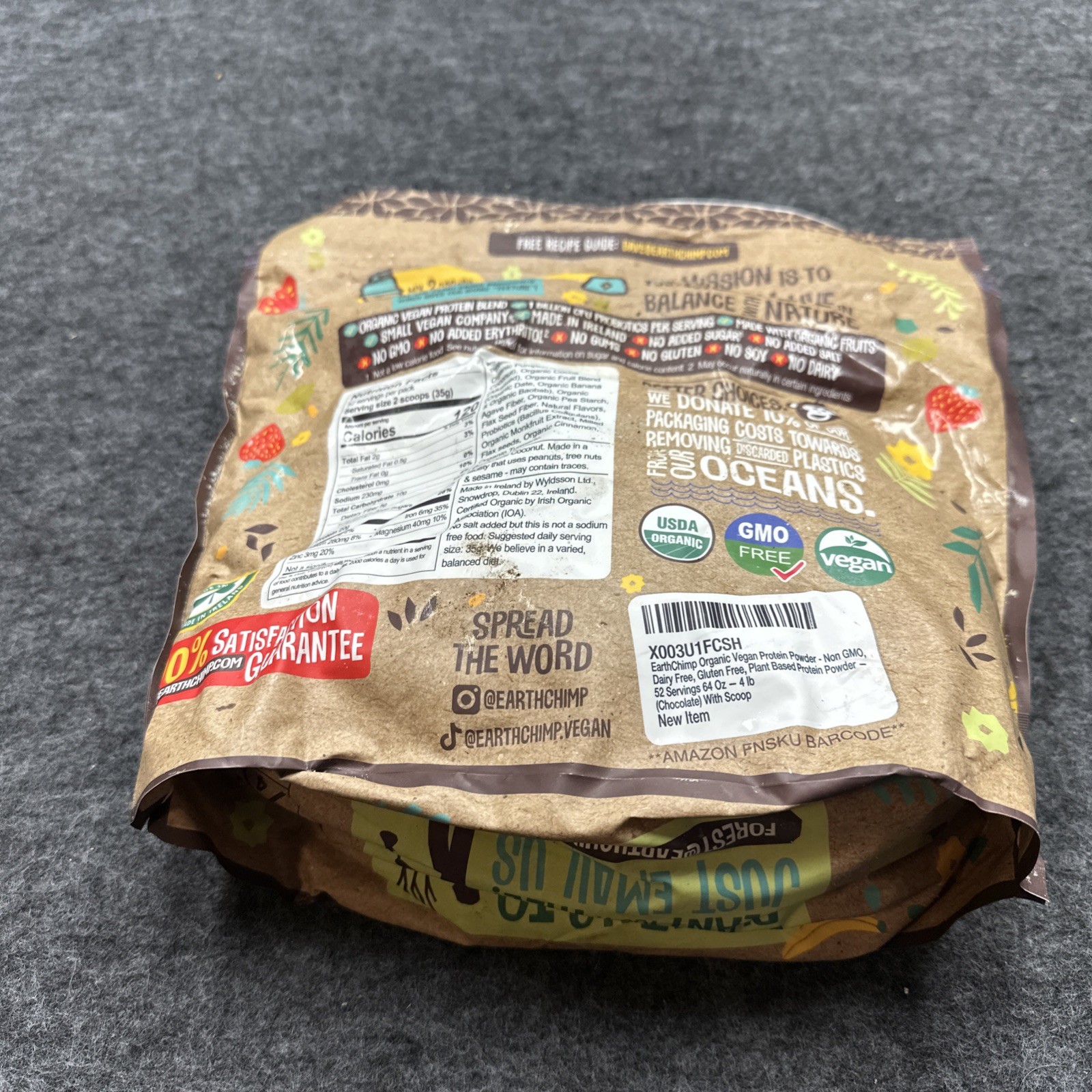 Earth Chimp Organic Vegan Protein Shake Mix – CHOCOLATE – 64 Oz 4 Lb