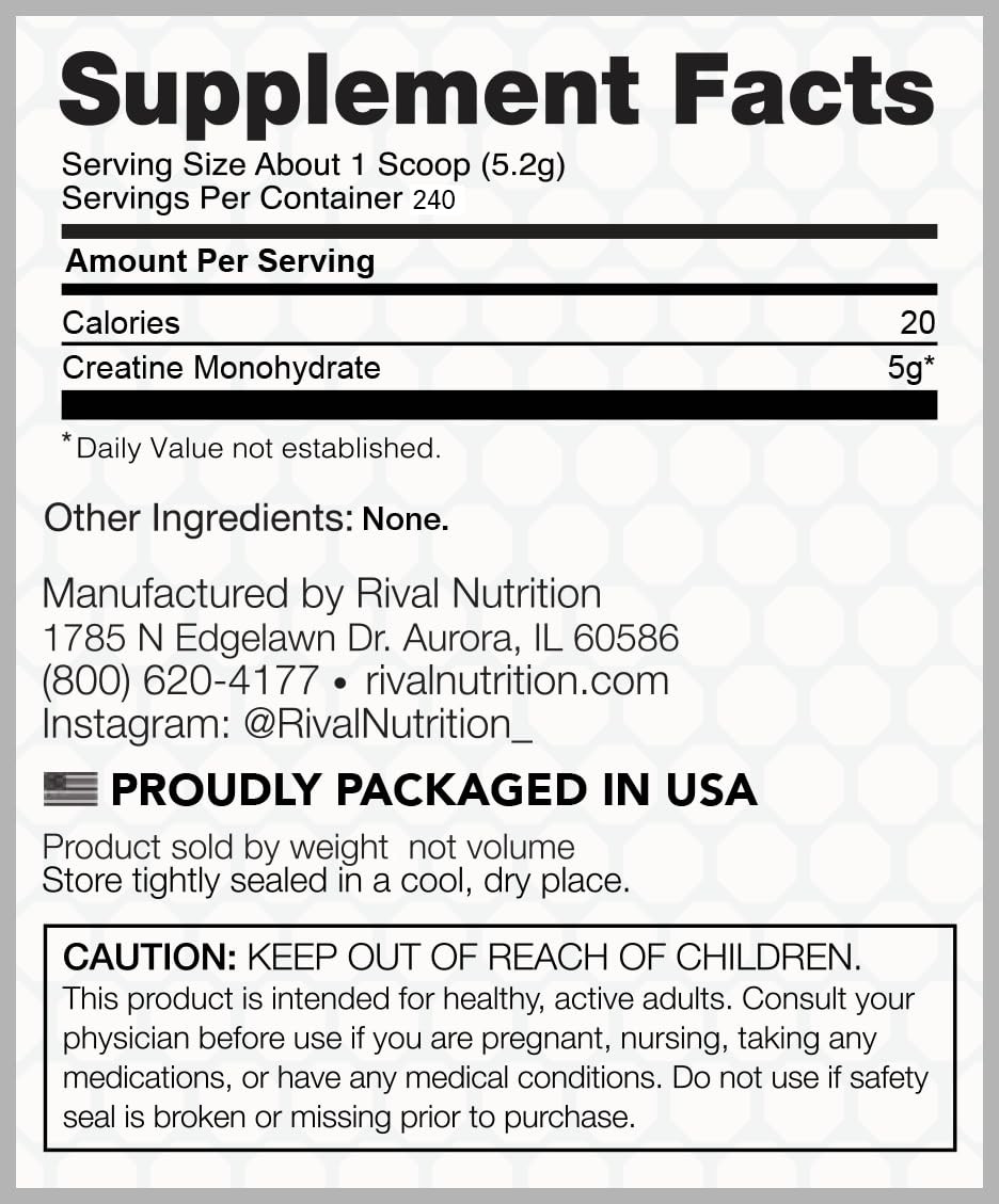RIVAL NUTRITION Micronized Creatine – 100 Creatine Monohydrate Powder – 240 S…